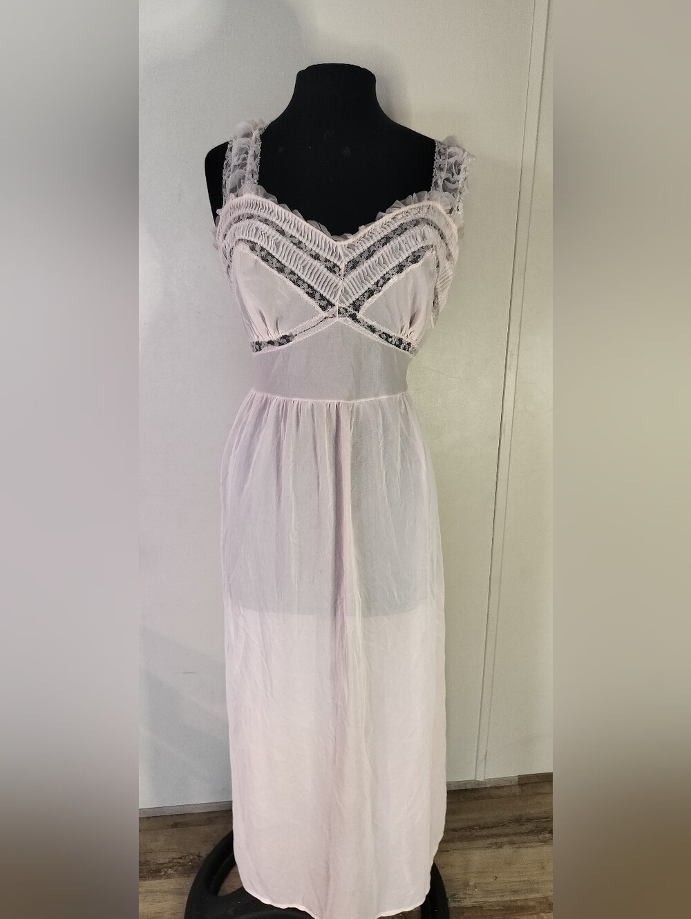 Sheer Lace-Trim Maxi Slip Dress in Light Pink